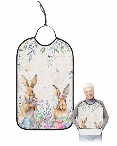 LEOKOTI Easter Adult Bibs for Eating, Waterproof Bibs with Food Catcher & Snap Closure, Farmhouse Bunny Spring Eucalyptus Leaves Floral Eggs Washable Clothing Protectors Adult Bibs for Elderly