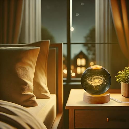 Image of 3D Milky Way Crystal Ball Night Light with Wooden Base, Table Lamp