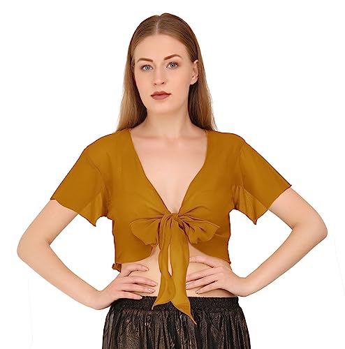 Image of Indian Trendy Women's Chiffon Short Sleeve Tie Top Choli Blouse Belly Dance Gypsy Tie Front Cardigan Tops