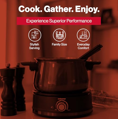Swissmar Arolla 10 Pieces Stainless Steel Electric Fondue Set - Perfect Fondue Pot Electric Set for Cheese, Chocolate, Oil, Broth & More - Gift Ideas for Wedding, House Warming, Red, 2.1 Qt / 2L