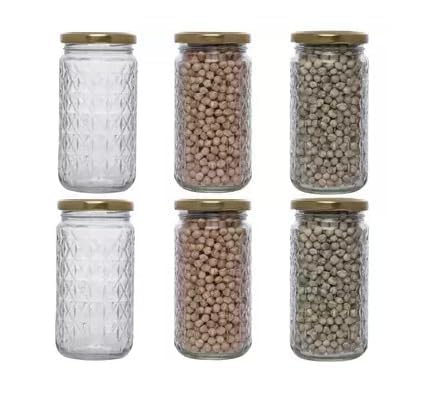 Glass Jar with Air Tight Metal Lid I Kitchen Storage Jars for Spices, Coffee, Sugar & Dry Fruits I Grocery Storage Container I Kitchen Pantry Organiser Jar (DIAMOND GLASS JAR - 370 ml - PACK OF 6)