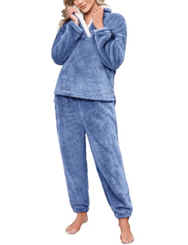 Niwicee Pijama para Mujer Invierno Conjunto de Pijama Forro Polar Super Suave Ropa de Dormir 2 Piezas Damas Ropa de Noche Manga Larga cálida y Pantalones Largos con Bolsillo (Azul Oscuro, M)