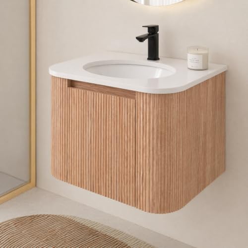 Image of 24 Inch Wall Mounted Bathroom Vanity with Ceramic Sink, Pre-Assembled Floating Vanity Cabinet with Marble Countertop, Wave Texture Finish & Drawer, Wood