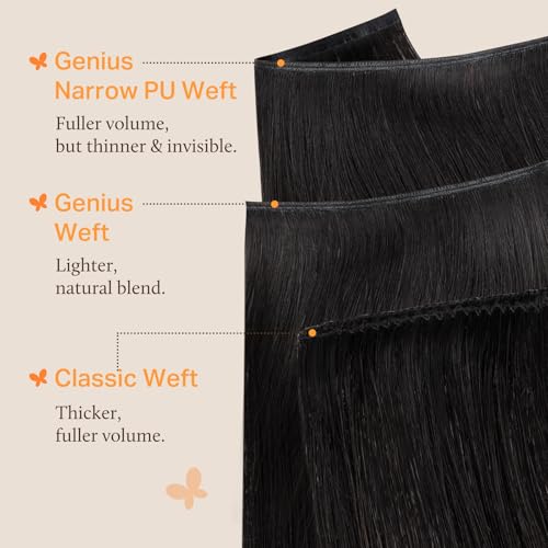 Image of DOORES Genius Seamless Weft Hair Extensions Human Hair, Natural Black 20 Inch 100g, Hand Tied Weft Extension Sew in Natural Straight