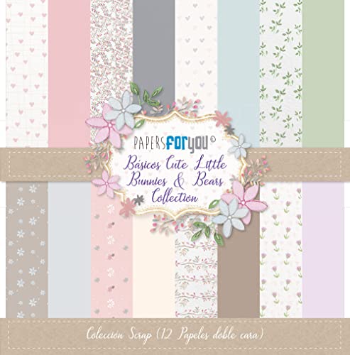 PAPERSFORYOU Colección 12 Papeles Scrap doble cara 180gr 12'x12' Básicos (Cute & Little Bunnies & Bears)