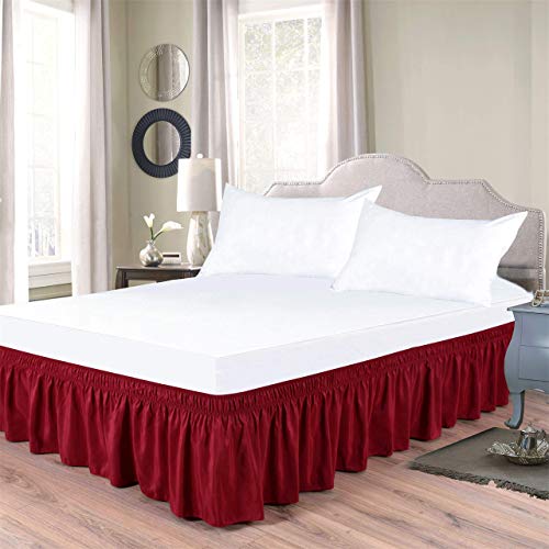 Versatile Bedding Bed Skirt - Wrap Around Bed Skirts Elastic Dust Ruffles, 100% Cotton 800 Thread Count, Easy Fit 18 Inch Tailored Drop, Red Queen Size Beds