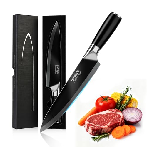 hoforife Couteau de Chef 20 cm, Couteau de Cuisine Japonais Forgé à la Main à Âme Acier Carbone et Manche Bois, Boîte Cadeau (Noir foncé)