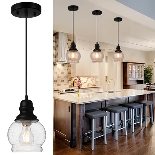 WILON Kitchen Island Light Fixtures, Black Pendant Light with Seeded Glass Shade Mini Pendant...