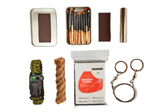 Emergency Fire Starter Waterproof Windproof Stromproof Relit Submerged Matches Wax Infused Natural Jute Cord Emergecy Blanket Waist Bag for Camping Storm Hiking Bushcraft (kit Without Waist Bag)