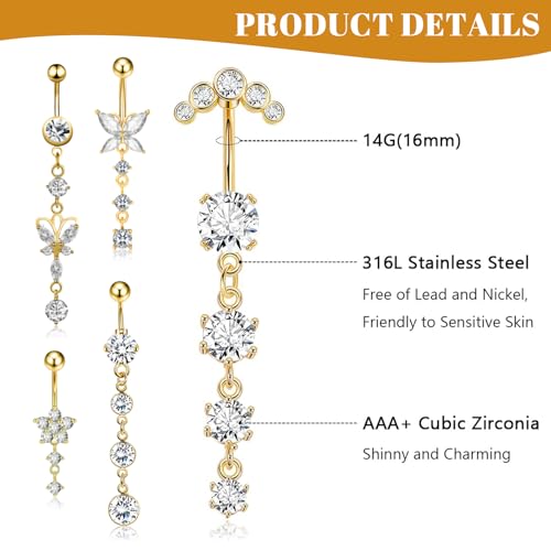 CharmBurst 5 pezzi di piercing ombelico pendente in acciaio chirurgico oro, anello ombelico con zirconi, set di piercing lungo ombelico resistente all'acqua