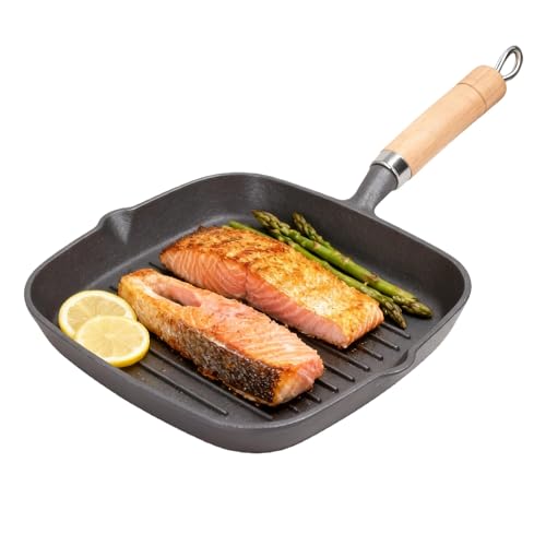 SEECCUB Square Cast Iron Grill Pan with Pour Spouts and Wood Handle Perfect Indoor Grill for Steak Burgers Veggies Works on Gas and Induction Cooktops(22cm pan)