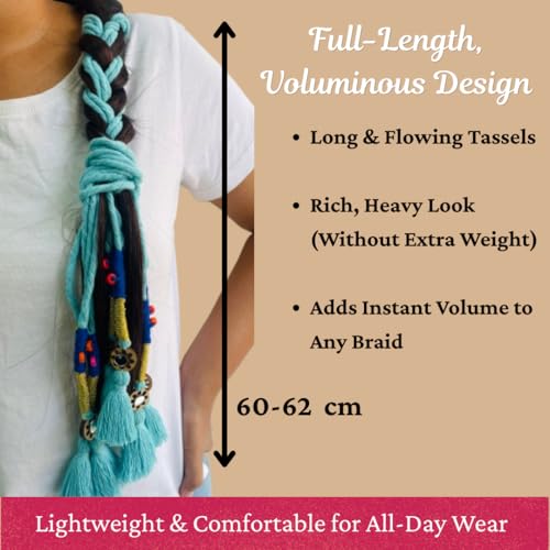 Image of Zippy Flora Neelima Handmade Boho Parandi (Sky Blue) | Traditional Punjabi Cotton Paranda Hair Accessory with Braid Tassels | Women's Ethnic Hair Extension for Choti, Braids & Patiala Shahi Hairstyles