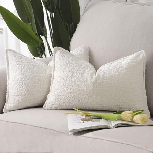 Madizz Pack of 2 Chenille Velvet Cushion Covers 30x50 cm White Soft Neutral Decorative Throw Pillow Covers Accent Boho Pillowcases for Couch Sofa Modern Farmhouse Home Decor