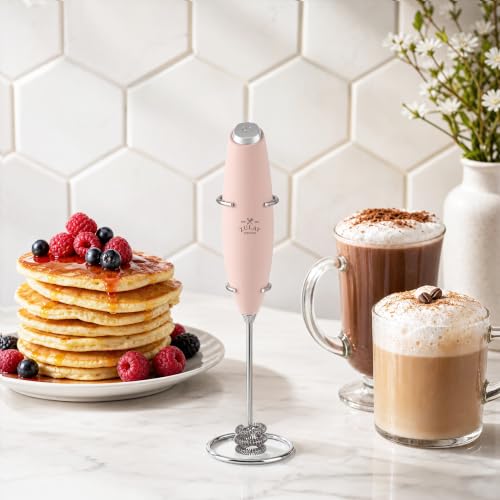 Image of Zulay Kitchen Powerful Milk Frother Wand With Duracell Batteries - Ultra Fast Handheld Drink Mixer - Electric Whisk Foam Maker for Coffee, Lattes, Cappuccino & Matcha - Triple Whisk - Peach Pink
