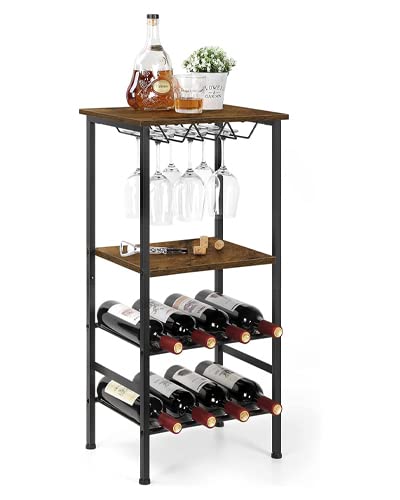 Vrisa Wine Rack Freestanding Floor 8 Bottles Wine Rack With 9 Glass Holder Metal Wine Storage With Wood Table Top For Home Kitchen Dining Room Cellar Rustic Brown #TOP18