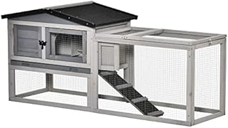PawHut 2 Level Rabbit Hutch Outdoor, Wooden Bunny Guinea Pig Hutch with Outdoor Run Water Resistant Roof Pull out Tray Ramp 150 x 52.5 x 68 cm, Grey