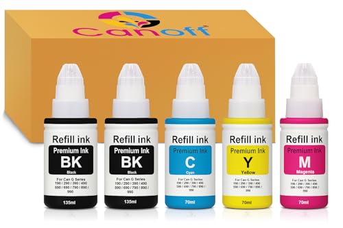 Image of CANOFF Gi 490 Multicolor Refill Ink 790 Use for Canon PIXMA G1000, G1010, G1100, G2000, G2002, G2010, G2012, G2100, G3000, G3010, G3012, G3100 Printers Ink |2Black+Tri Color Combo Pack