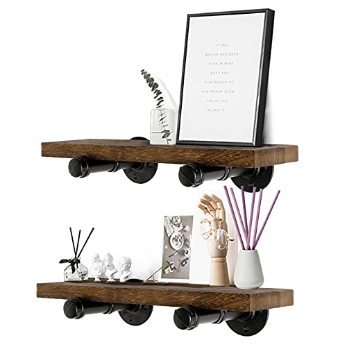 Home Tzh Wall Mounted Floating Shelves, Floating Shelves With Industrial Pipe Brackets Set Of 2 Rustic Wood Storage Shelf For Bedroom Living Room Bathroom Kitchen Office And More thumb #6
