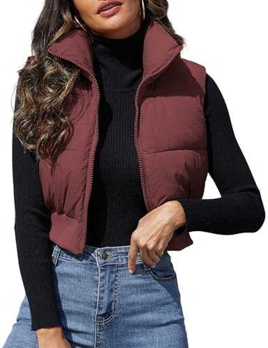 Dqbeng Womens Cropped Puffer Vest Zip Up Sleeveless Jacket Lightweight Stand Collar Quilted Winter Outerwear (Burgundy-M)