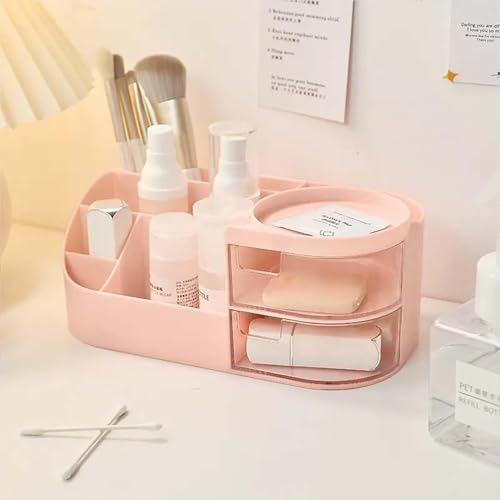 Image of ZUKU MakeUp Organizer Stand Desk Storage Dressing Table Organiser Cosmetic Organizer Box Skin Care Table Bathroom Organiser Makeup Storage Box Makeup Vanity with Transparent Drawer(Pink)