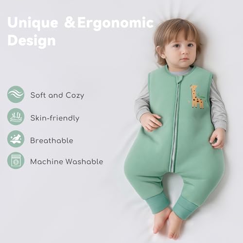 Image of Chilsuessy Toddler Sleep Sack with Feet 2-3 T, 2.5 TOG Cotton Baby Wearable Blanket with Legs, Winter Sleep Bag Walker with 2-Way Zipper, Green + Giraffe