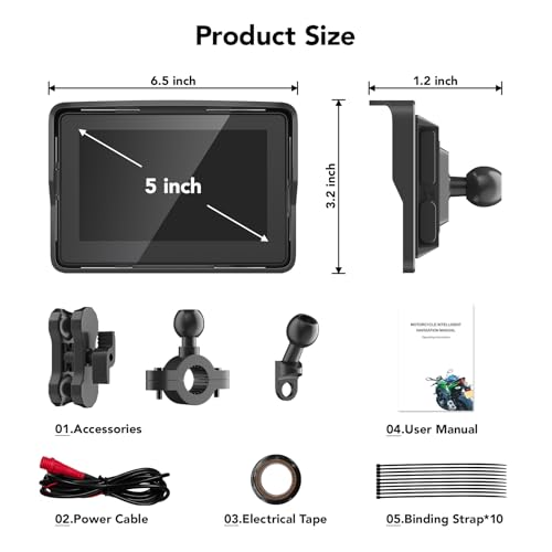 Image of YCV Motorcycle Carplay Screen, Wireless CarPlay & Android Auto for Motorbike, Carplay Motorcycle GPS Navigation, 5 inch IP67 Waterproof Touchscreen, Dual Bluetooth, EQ, Support Siri and Google Assistant