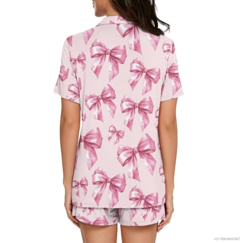 Image of Renewold Button Down Womens Pajama Set Short Sleeve Loungewear Bow Nightwear Sleepwear Night Suit Tops Shorts 2 Pieces