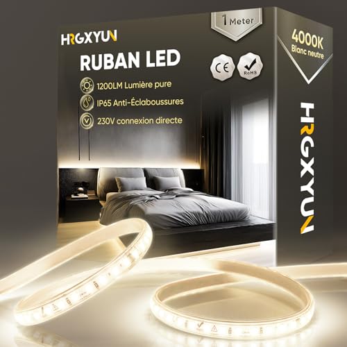 HRGXYUN 230V Ruban LED Extérieur, SMD 2835 IP65 Etanche, Bande LED Transparent 1200LM Sans Transformateur Flexible Découpable pour Chambre, Cuisine, Exterieur Décoration, 4000K Blanc neutre, 1m