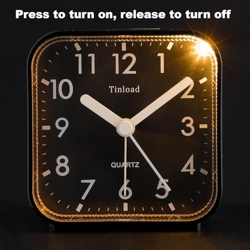 Image of Tinload Small Battery Operated Analog Travel Alarm Clock Silent Non Ticking, Gentle Wake, Ascending Beep Sounds, Snooze,Lighted on Demand, Easy Set