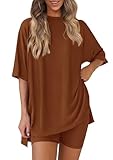 PRETTYGARDEN Women's Two Piece Lounge Set 2025 Summer Casual Oversized Shirts Biker Shorts Matching Airport Travel Outfit (Brown,Small)