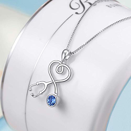 AOBOCO Stethoscope Necklace 925 Sterling Silver Embellished with 12 Months Birthstone Crystals from Austria, Graduation Gifts Medical Jewelry for Doctor Nurse Medical Student RN3