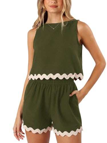 Image of Tankaneo Womens 2 Piece Vacation Outfits Lounge Sets Casual Cropped Tank Tops Shorts Matching Set