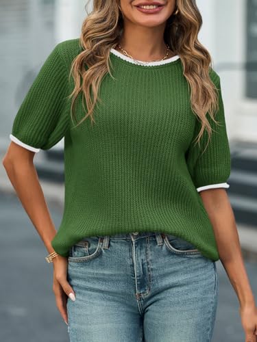 Image of Saodimallsu Womens Puff Short Sleeve Sweater Tops Spring Summer Color Block Ribbed Knit Crew Neck Going Out Shirts