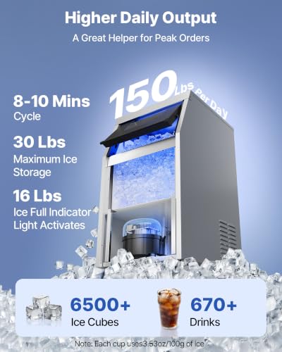 Image of VEVOR Commercial Ice Maker Machine, 150 lbs /24h with 16-30 lbs Storage Capacity, Built-in /Freestanding /Under Counter, Stainless Steel Ice Maker with LED Display & Self-Cleaning, Home Bar Restaurant