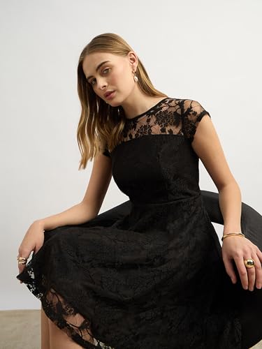 Image of Miss Chase Women's Round Neck Sleeveless Floral Ruffled GatheKnee-Long Skater Dress