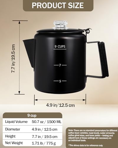 Image of Coffee Maker Coffee Percolator 304 Stainless Steel Pot Stovetop Easy Brewing Even Heating 9 Cup 50.7oz 1500ml Black Classic Design Heat Resistant Home Camping Outdoor