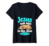 Women's Jesus Took Naps Bible Verse Sleeping Dog Christian Pajamas V-Neck T-Shirt
