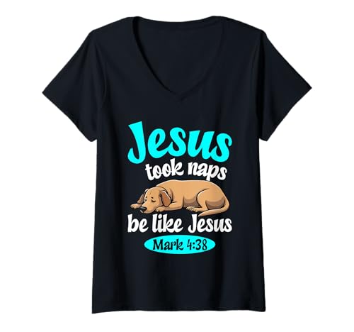 Women's Jesus Took Naps Bible Verse Sleeping Dog Christian Pajamas V-Neck T-Shirt