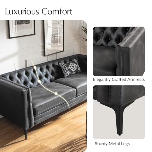 Image of HULALA HOME 84 inch W Faux Leather Sofa Couch with Metal Legs, Button-Tufted 3-Seater Sofa, Mid Century Modern Contemporary Upholstered Couch for Living Room, Apartment, Charcoal