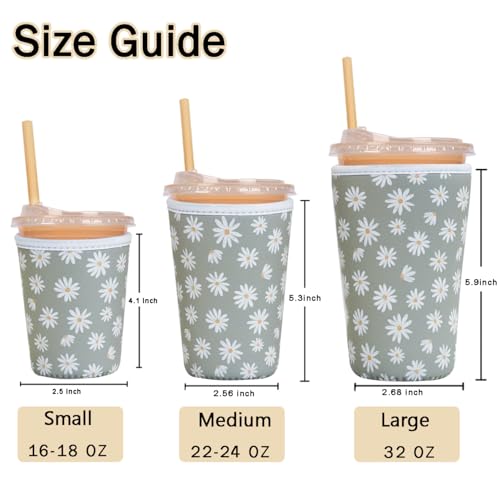 Image of Reusable Insulated Sleeve for Iced Coffee Cup, 3-Pack Coffee Neoprene Drink Sleeve for Cold & Hot Drinks, Beverage Holder for Iced Coffee (Sage Daisies)