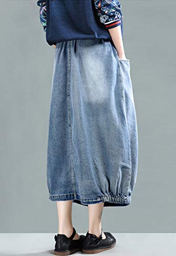 Flygo Women's Casual Elastic Waist Midi Long Denim Skirt with Pockets Light Blue3