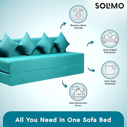 Image of Amazon Brand - Solimo 4 Seater 6 * 6 Jute Fabric Washable Cover Sofa Cum Bed with 4 Cushions 4 Seater Double Foam Fold Out Sofa Cum Bed (Finish Color - Sky Blue Delivery Condition - Pre-Assembled)