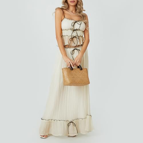 Chloefairy Women 2 Piece Maxi Skirt Set Patchwork Front Tie-Up Spaghetti Strap Camisoles Matching with Ruffle Long Skirt4