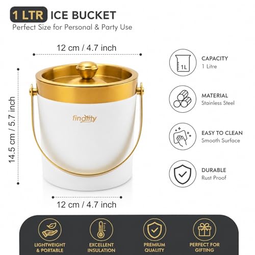 Image of finality 1 LTR Double Walled Stainless Steel Insulated Ice Bucket with Lid (Gold+White)