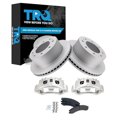 Image of TRQ Rear Semi-Metallic Brake Pad Coated Rotor & Caliper Kit for Chevy