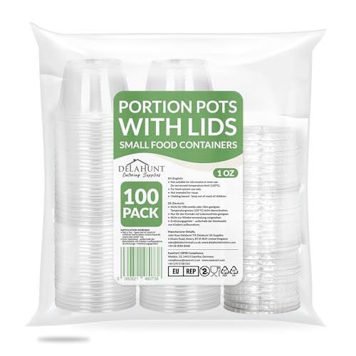 1oz (30ml) Small Disposable Plastic Portion Pots with Lids [100 Pack] - Clear Round Leakproof Deli Pot Containers for Sauce, Dips, Jelly Shots, Jello, Salad Dressing, Snack, Meal Prep & Takeaway Use
