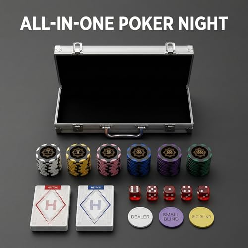 Image of HEITOK 500 Piece Poker Chip Set 14g Heavyweight Clay Composite with Iron Core Professional Numbered Chips Aluminum Case and Accessories for Texas Holdem Blackjack | Clay composite build gives 2 to 10 players steady stacks for Texas Holdem, Blackjack and weekly card nights with friends