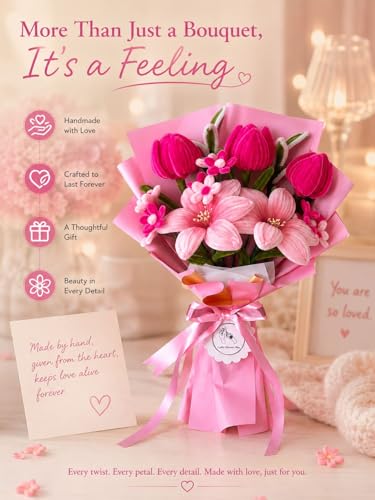Image of Handmade Pink Pipe Cleaner Flower Bouquet-5 Flower,Forever Bouquet Gift for Birthday, Anniversary, Valentine's Day | Cute Aesthetic Floral Decor