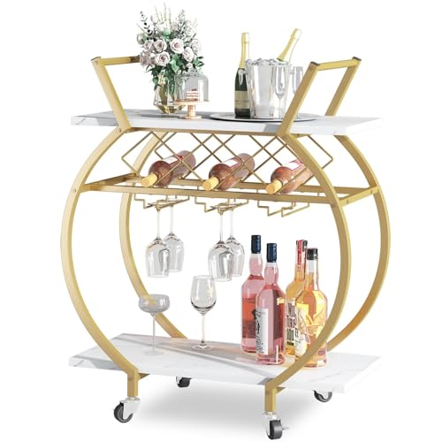 EXKURPOO Carrito Camarera Mini Carrito de Bar con Ruedas, Dorado y Blanco, for Cocina, con botellero y portavasos.