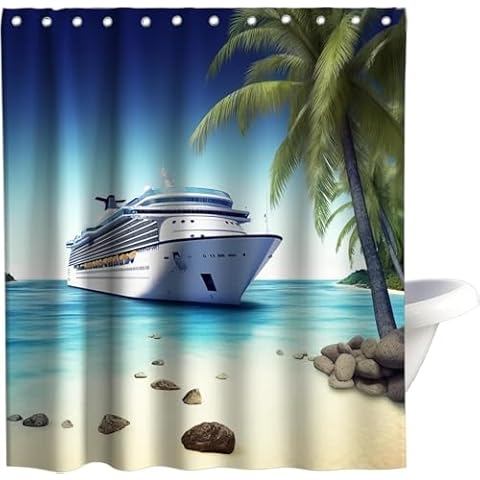 Final Friday Cruise Ship Tropical Beach Island Theme Fabric Shower Curtain Sets Bathroom Ocean Decor with Hooks Waterproof Washable 72 x 72 inches Blue Green and White Cover